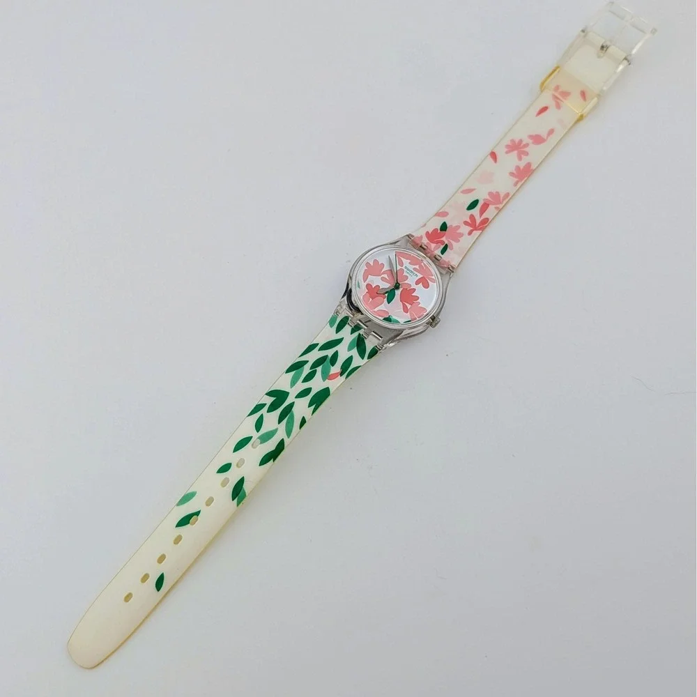 Swatch Lady Jackaranda LK355 Floral Clear Exhibition Back Swiss Quartz Watch Y2K